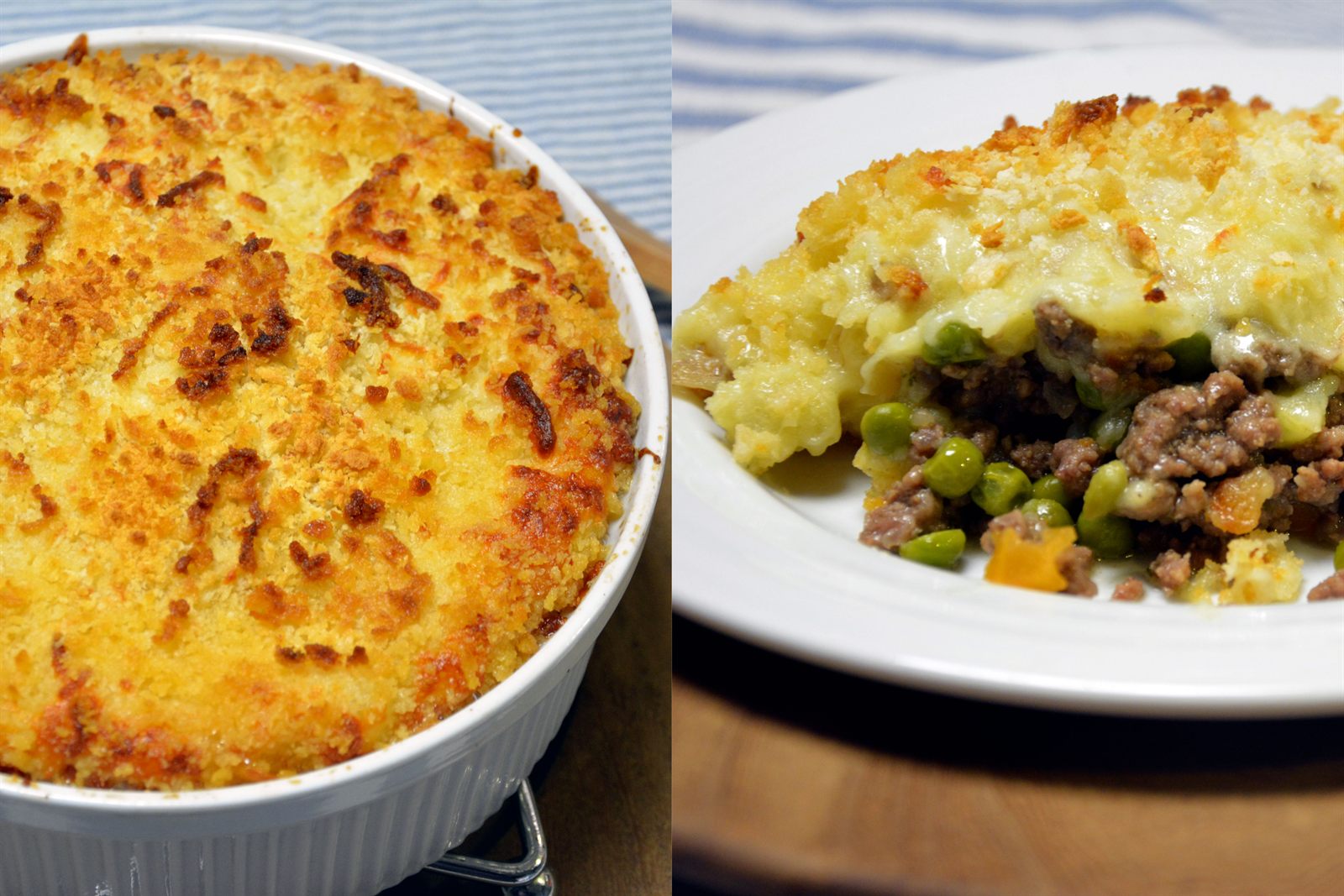 Shepherd’s pie i vit ugnsform med gyllene potatismos, och en portion på tallrik med köttfärs, ärtor och morot