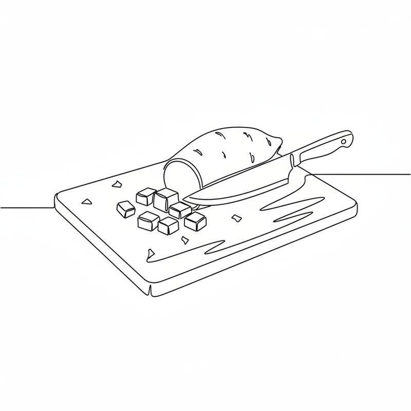Illustration: en sötpotatis skärs i mindre bitar på en skärbräda