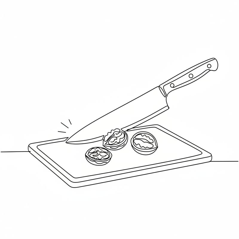 Illustration: valnötskärnor grovhackas med kniv på en skärbräda
