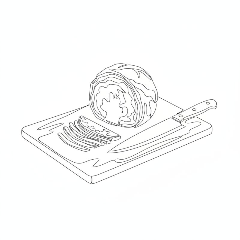Illustration: ett vitkålshuvud strimlas tunt på en skärbräda