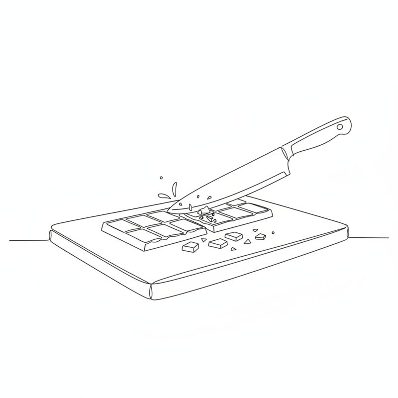 Illustration: en kaka vit choklad hackas i små bitar på en skärbräda