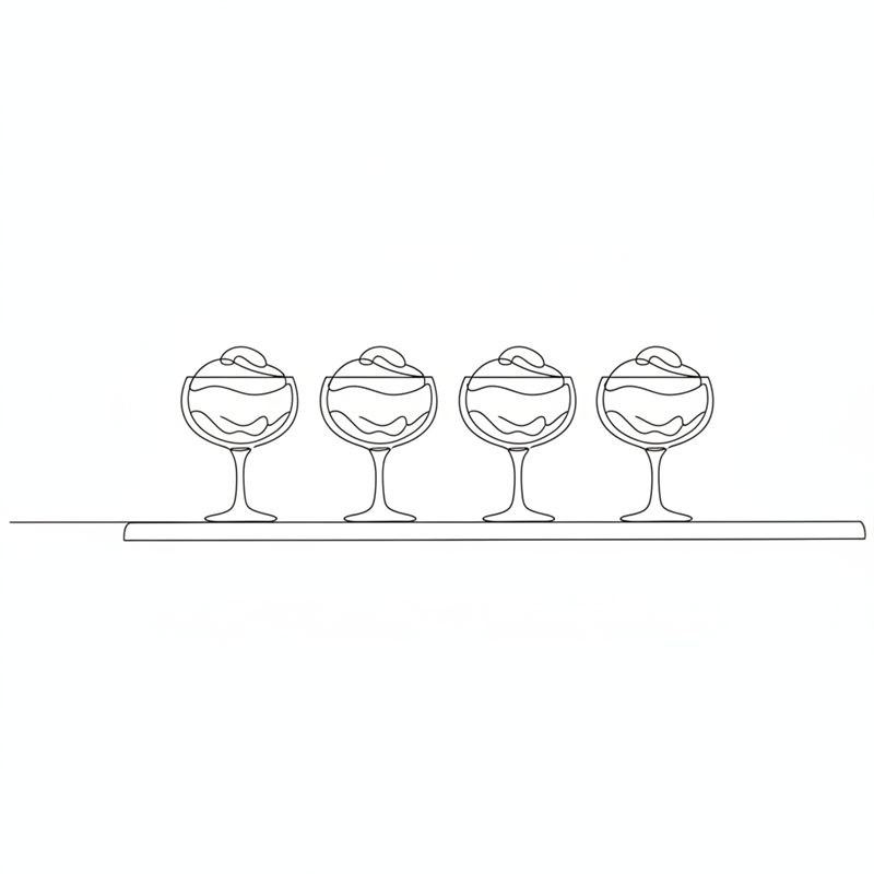 Illustration: fyllda dessertglas står på rad på en hylla