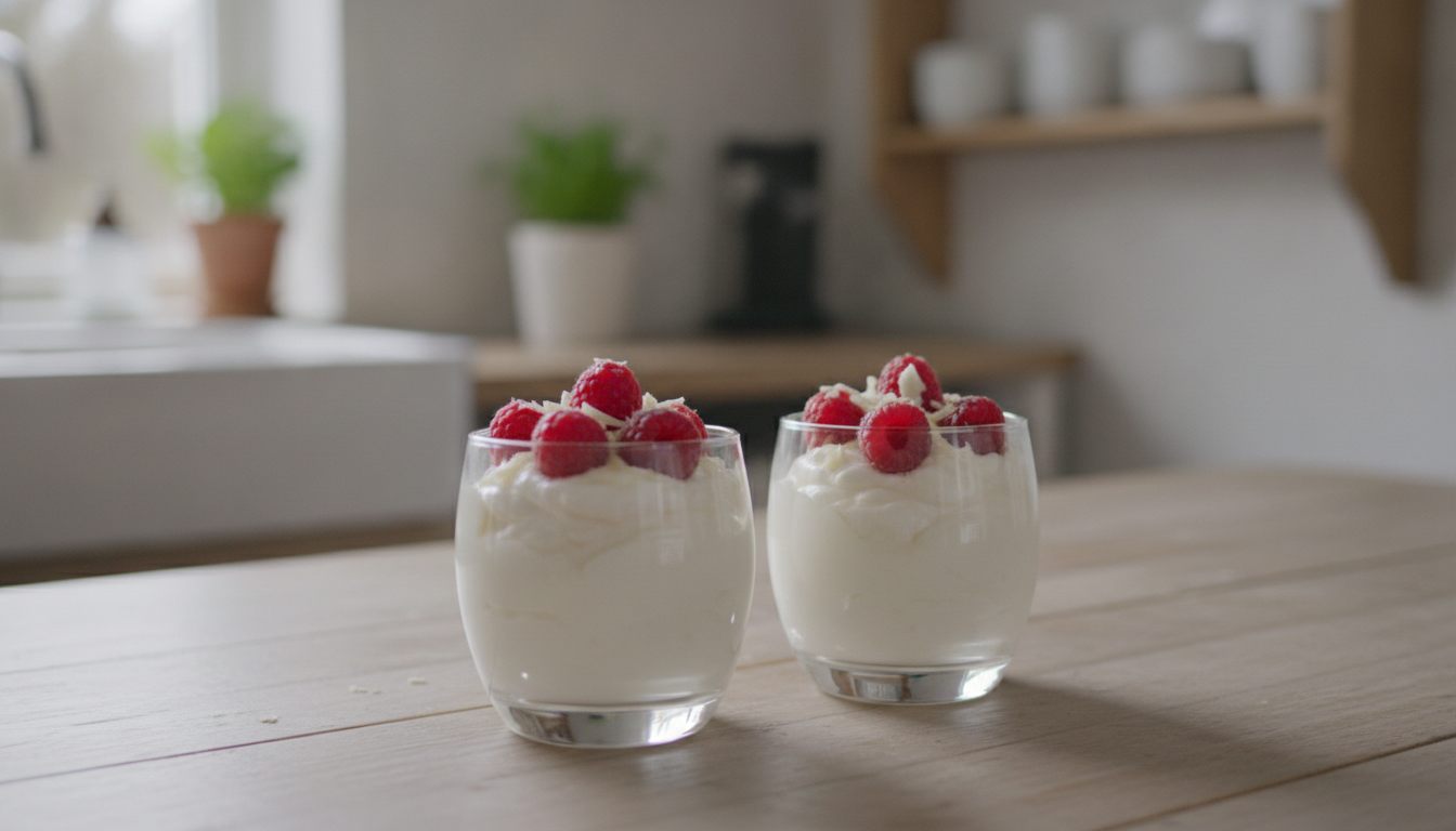Två glas vit chokladmousse toppad med färska hallon och riven vit choklad