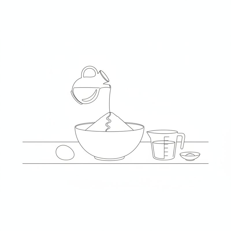 Illustration: olja hälls från en kanna ner i en skål med mjöl, med vatten och salt bredvid