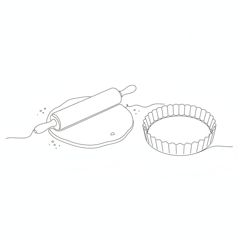 Illustration: en kavel plattar ut en degplatta på ett mjölat bord bredvid en tom, räfflad pajform