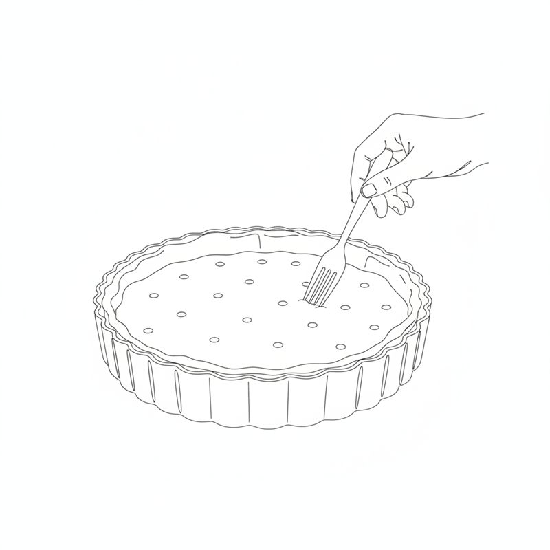 Illustration: en gaffel naggar hål i en pajbotten som ligger i en räfflad pajform