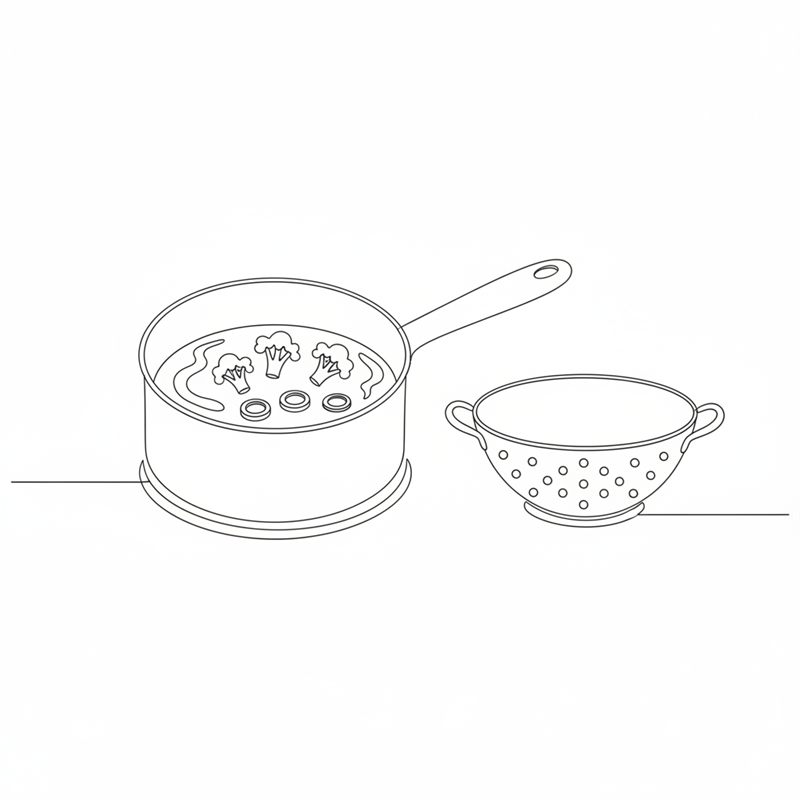 Illustration: broccolibuketter och purjolöksringar kokar i en kastrull med ett durkslag redo bredvid