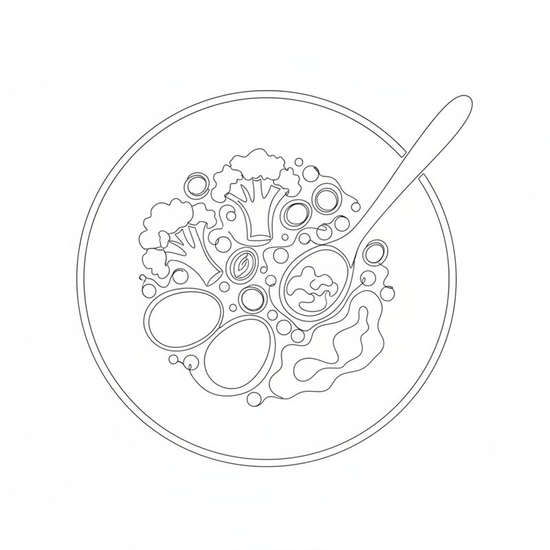 Illustration: broccoli, purjolök och ärtor vänds ihop med ägg och keso i en stor skål