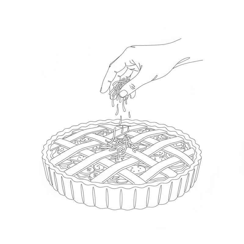 Illustration: riven ost strös över en färdig paj dekorerad med remsor av degrester