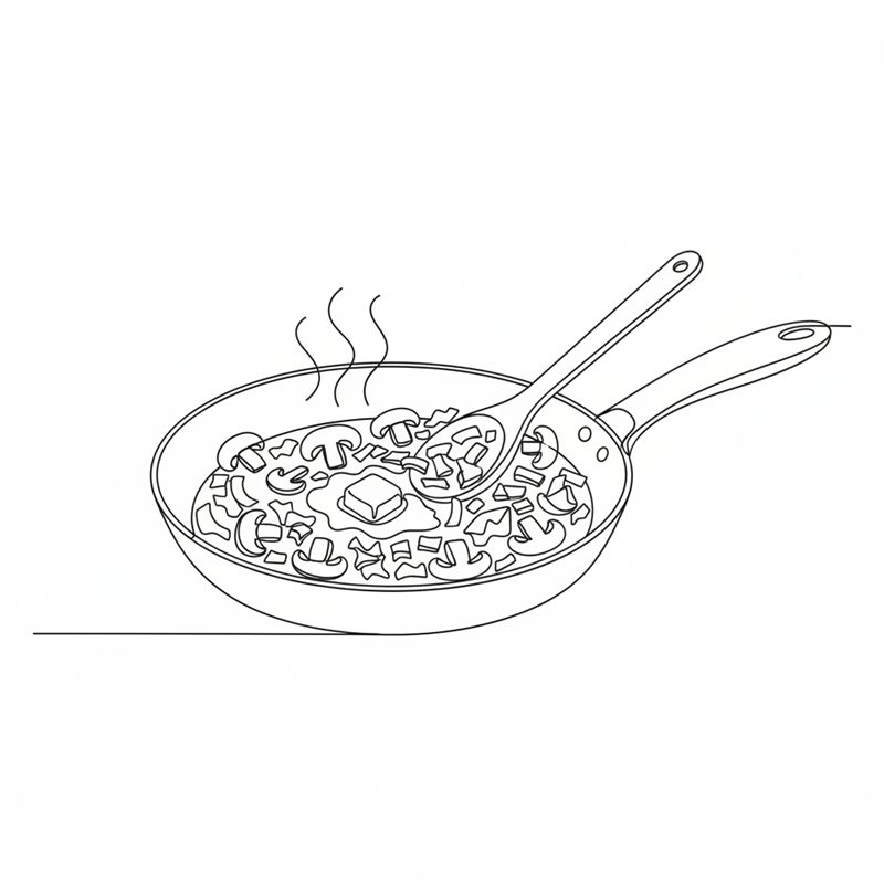 Illustration: hackade champinjoner och lök fräses med en klick smör i en stekpanna medan en slev rör om