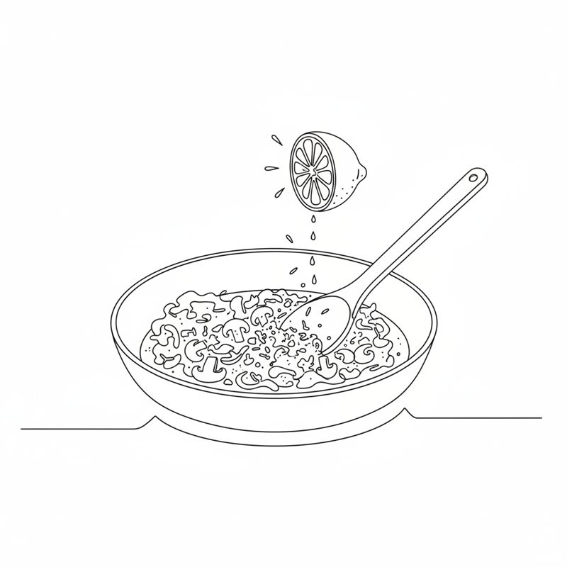 Illustration: svampblandningen rörs med en träslev i stekpannan som tagits av värmen, medan saften från en halv citron droppas ner i den