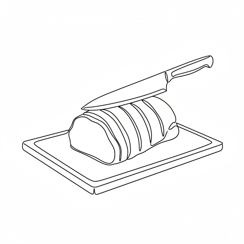 Illustration: en stor kockkniv skär skivor i en fläskkarré på en skärbräda utan att skära helt igenom