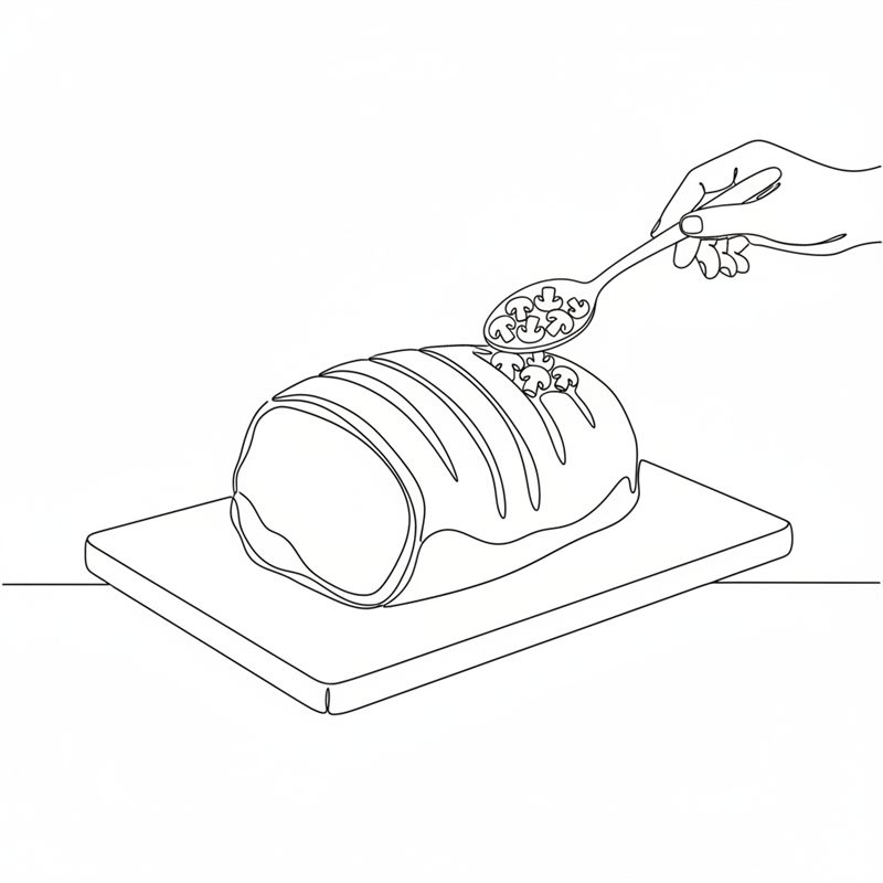 Illustration: en sked fördelar svampfyllning ner i snitten på den uppskurna fläskkarrén