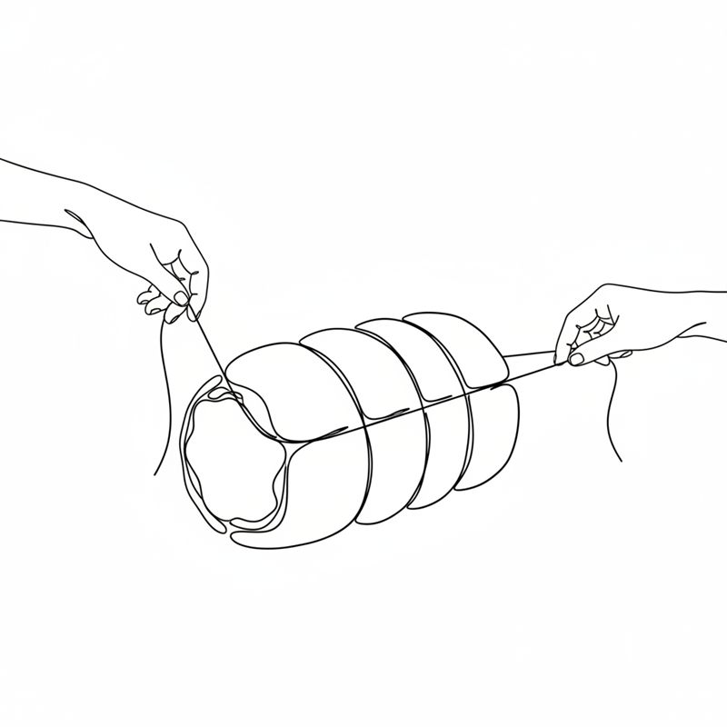 Illustration: två händer binder steksnöre hårt på längden runt den fyllda steken