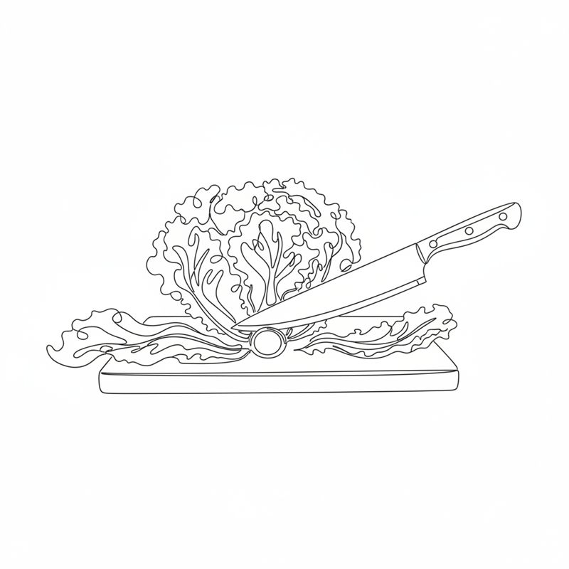 Illustration: det grova skärs bort i botten på ett krusigt salladshuvud så bladen lossnar