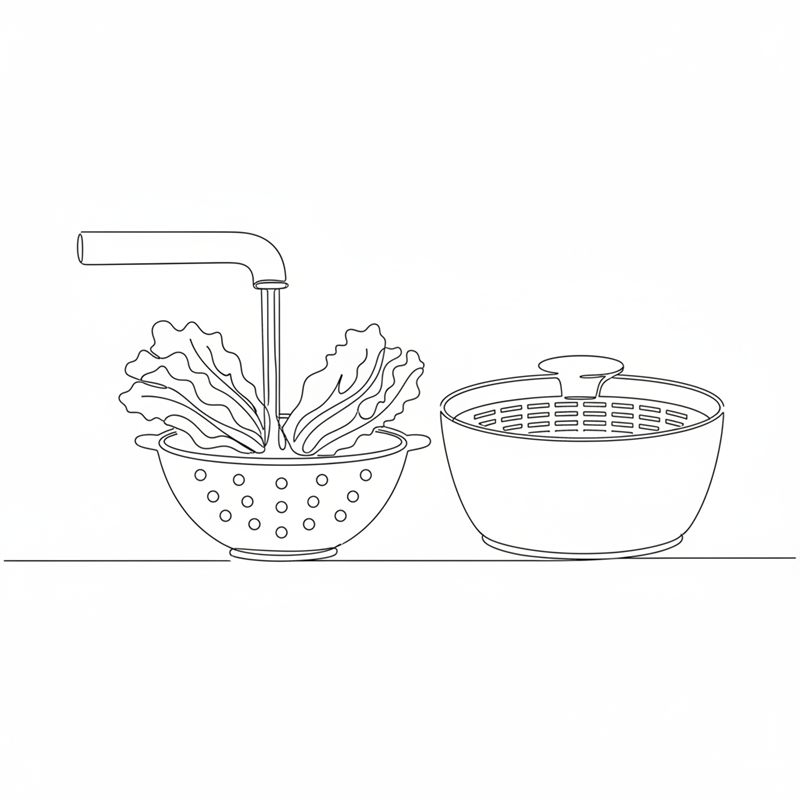 Illustration: salladsblad sköljs under rinnande vatten i ett durkslag med en salladsslunga bredvid