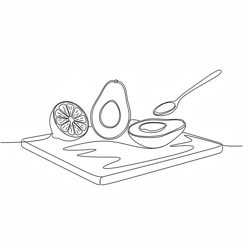 Illustration: en avokado delad på längden, kärnan urtagen och fruktköttet skrapas ur med en sked bredvid en halv citron