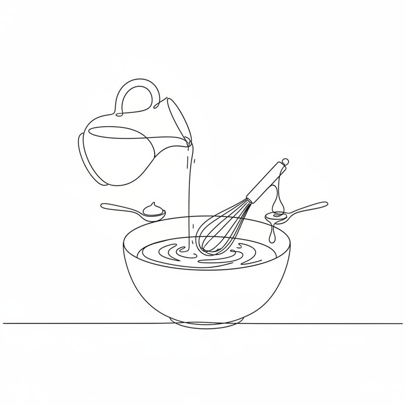 Illustration: en dressing vispas i en liten skål medan olja hälls i från en kanna