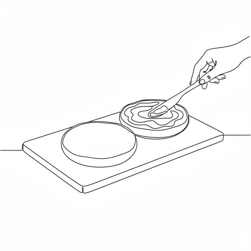 Illustration: en hand breder majonnäs på den delade underdelen av ett hamburgerbröd med en kniv