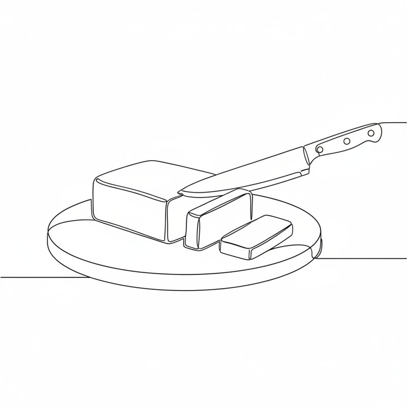 Illustration: ett stycke halloumi skärs i jämna skivor på en skärbräda med en kockkniv