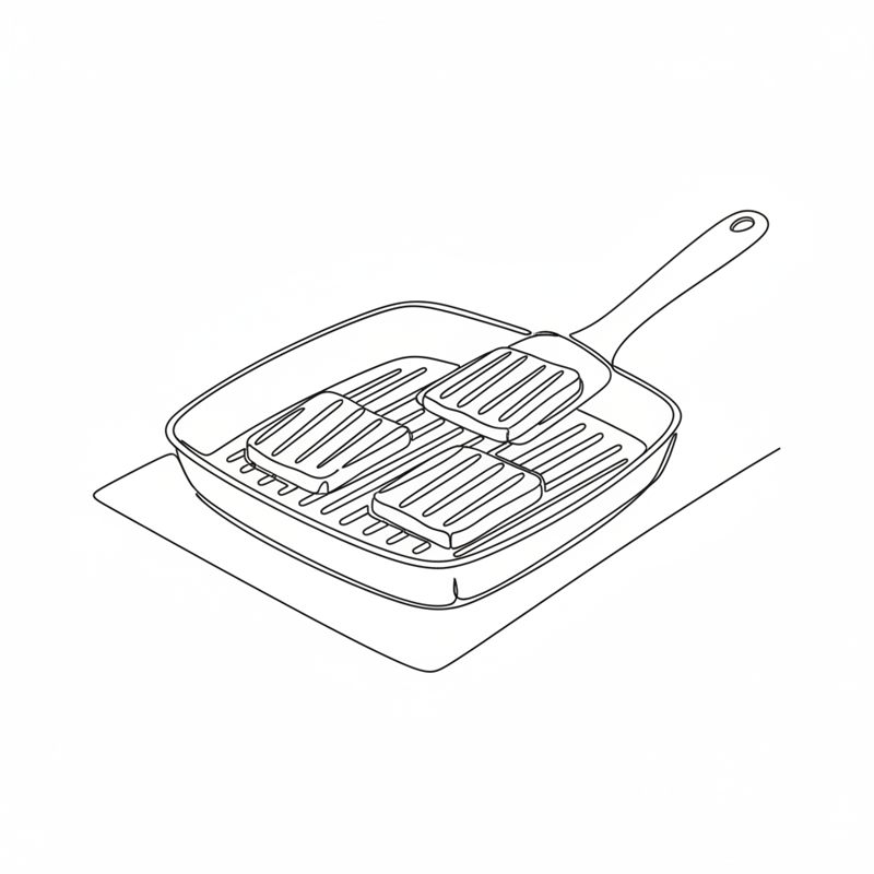 Illustration: skivor av halloumi steks i en grillpanna med tydliga ränder, och en stekspade lyfter en skiva