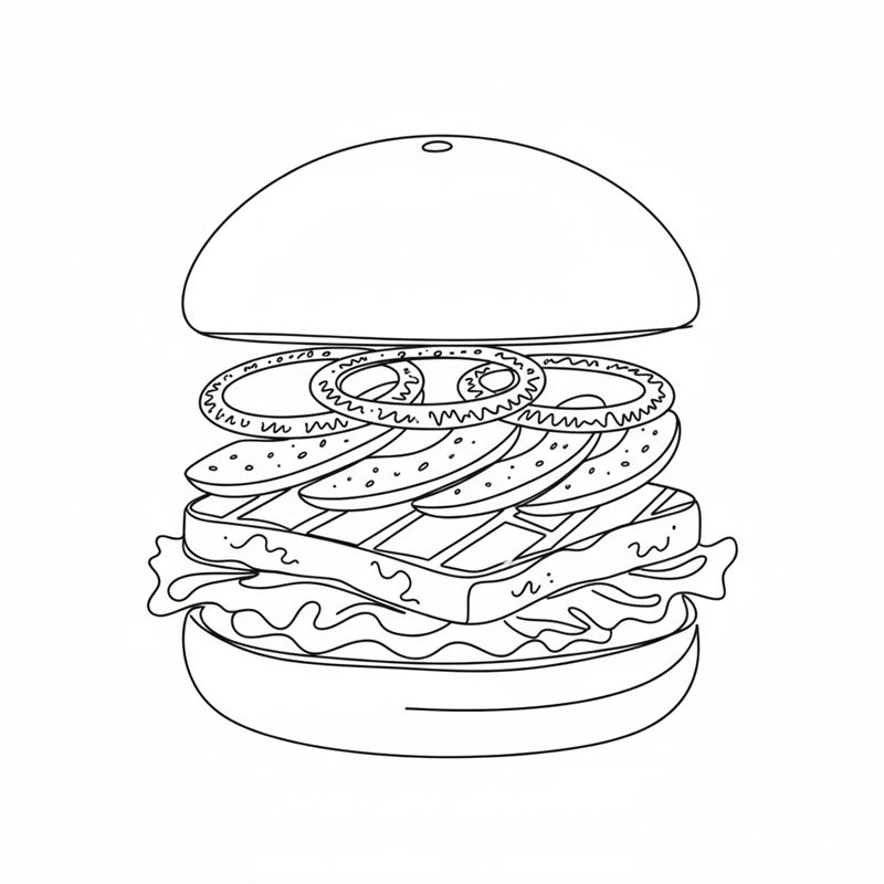 Illustration: en burgare byggs i lager med sallad, halloumiskivor, avokado och picklad rödlök medan locket hålls ovanför