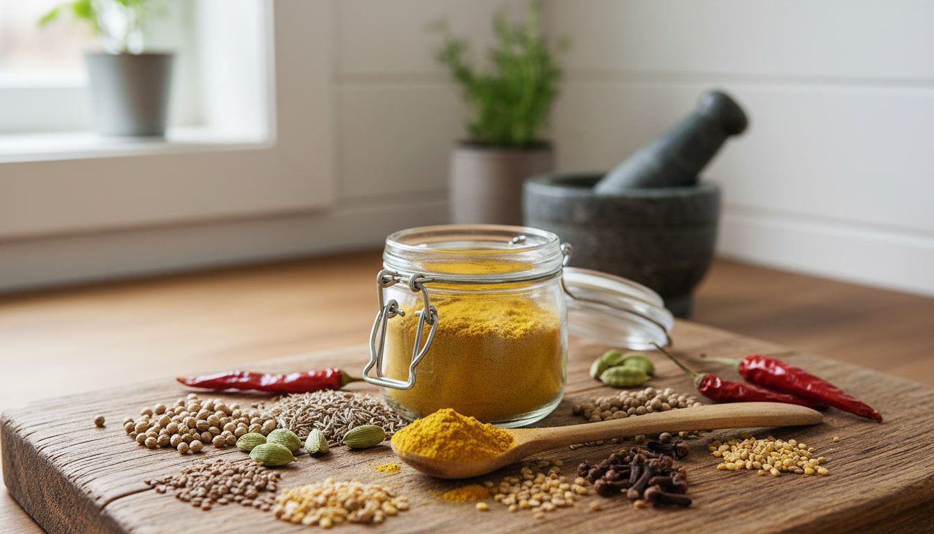 En burk med bygellock, locket öppet, fylld med gult currypulver på en rustik träskärbräda; en rågad träsked med pulvret ligger framför burken; runt omkring ligger små högar av korianderfrön, spiskummin, gröna kardemummakapslar, kryddnejlikor, gula senapsfrön, bockhornsklöverfrön och tre torkade röda chilifrukter; en stenmortel med stöt och krukor med gröna växter syns i bakgrunden vid ett fönster. Inga människor syns på bilden.