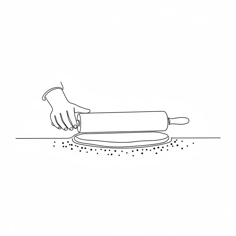 Illustration: en degboll kavlas ut med en kavel till en tunn, rund tortilla på ett mjölat bord