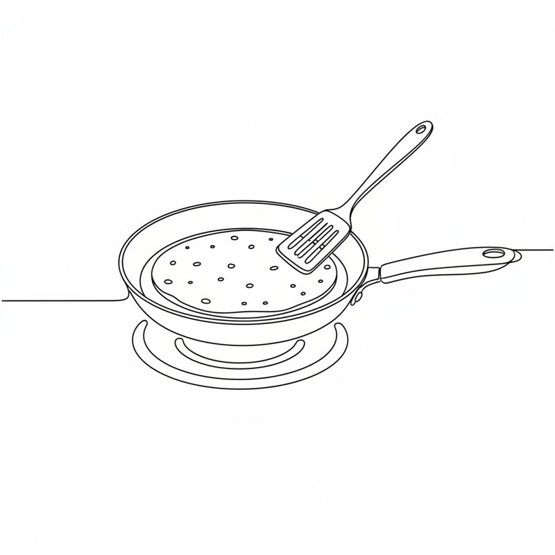 Illustration: en tunn, rund tortilla vänds med en stekspade i en torr panna på spisen