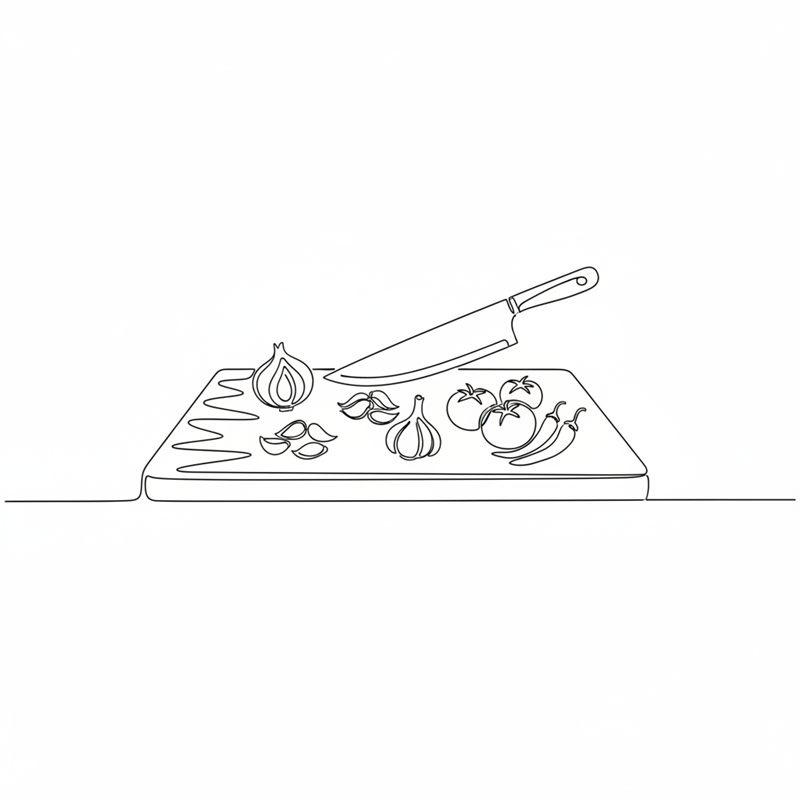 Illustration: lök, vitlök, tomater och torkade chilifrukter hackas på en skärbräda med en kockkniv