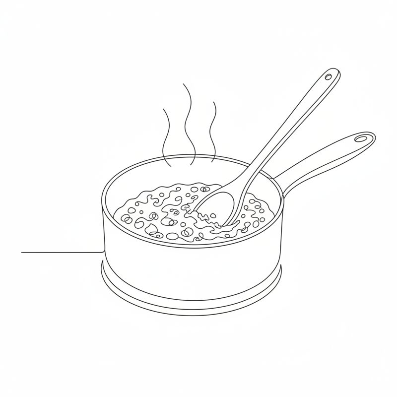 Illustration: en kastrull med bubblande salsa där en slev rör om, och ånga stiger upp