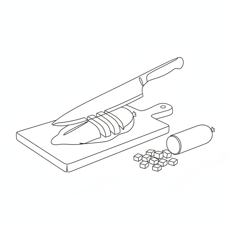 Illustration: en kockkniv skär en kycklingfilé i strimlor på en skärbräda, bredvid en hel chorizokorv och en hög korvtärningar