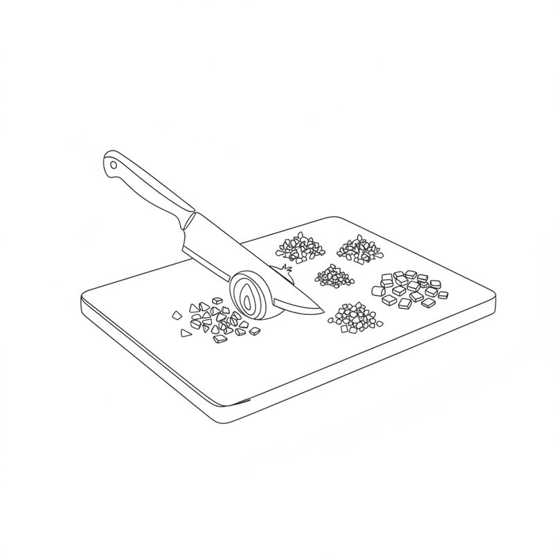 Illustration: en kniv hackar lök fint på en skärbräda bredvid hackad vitlök och små tärningar av röd paprika