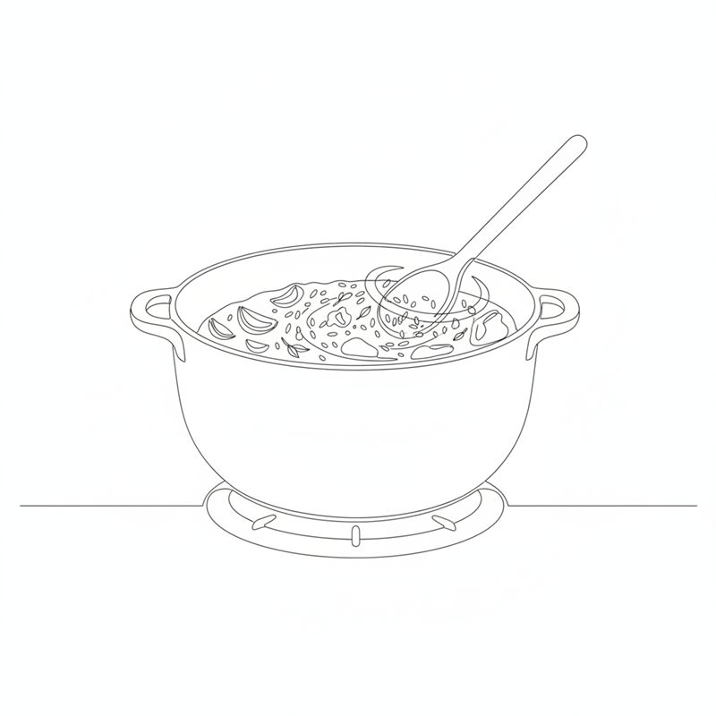 Illustration: en träslev rör ner okokt ris och torkade örter i den djupa grytan på plattan