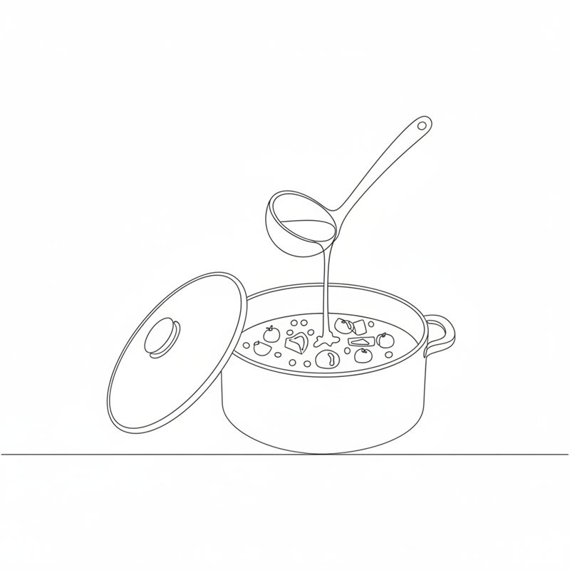 Illustration: en slev häller buljong i grytan med ris och krossade tomater medan locket står lutat mot grytan
