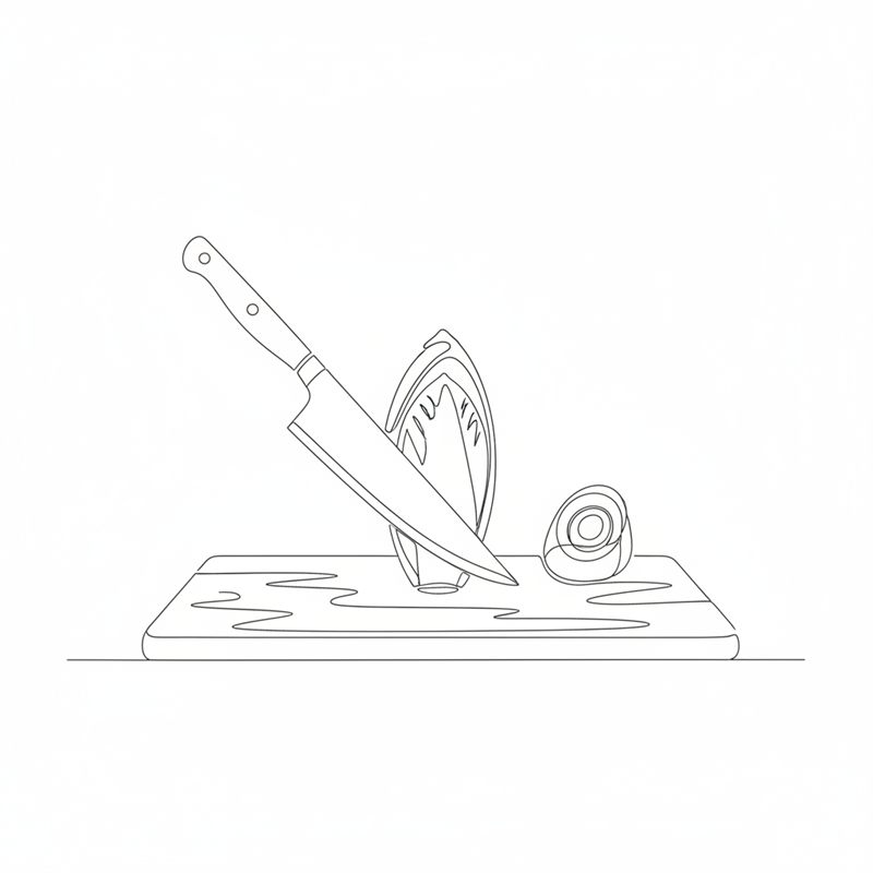 Illustration: en kniv förs runt stocken i botten av ett endivhuvud på en skärbräda, med den urskurna stocken bredvid