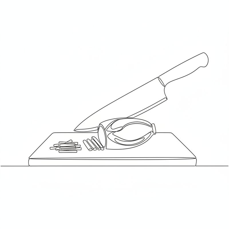 Illustration: en kockkniv skär ett endivhuvud i tunna strimlor på en skärbräda bredvid en hög med färdiga strimlor