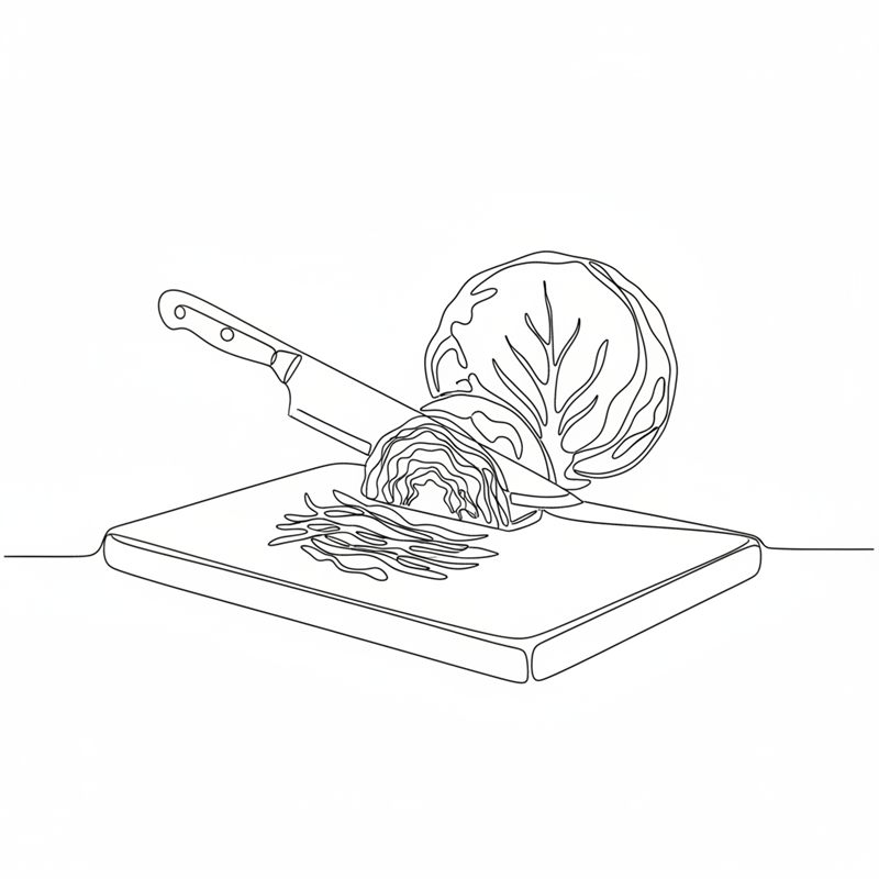 Illustration: en kniv strimlar en bit rödkål fint på en skärbräda med resten av kålhuvudet bakom