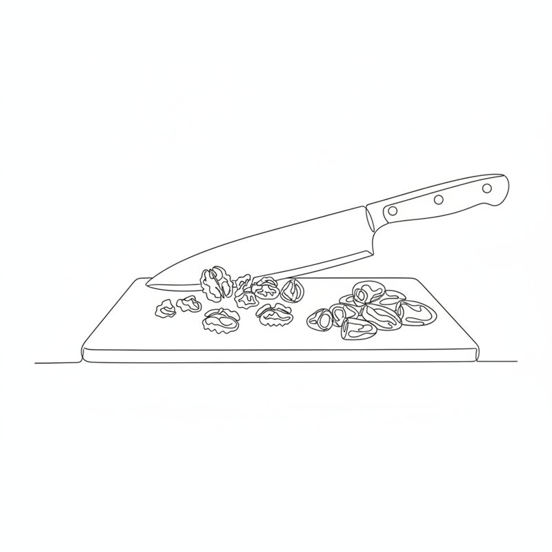 Illustration: en kniv hackar valnötskärnor grovt på en skärbräda bredvid dadlar skurna i mindre bitar