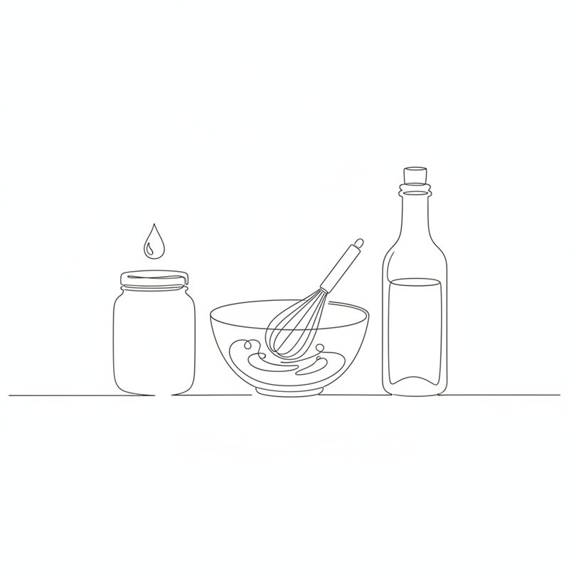 Illustration: en visp vispar ihop en vinägrett i en liten skål med en honungsburk och en vinägerflaska bredvid