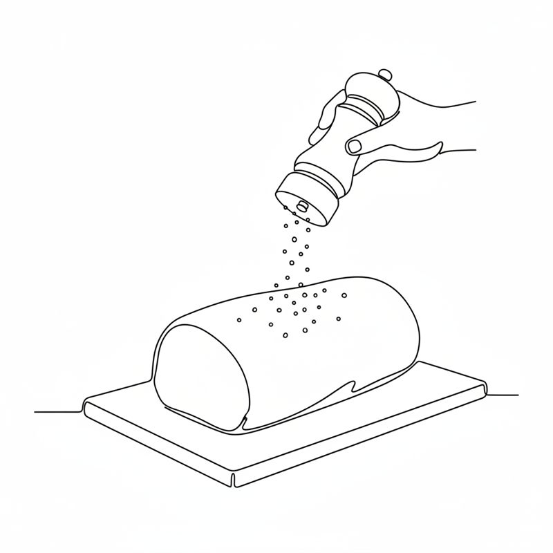 En hand strör salt och peppar från en kvarn ner över en avlång kalvrostbiff som ligger på en skärbräda i trä.