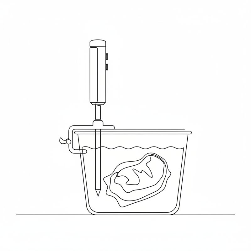 En sous vide-cirkulator sitter fastspänd på kanten av ett genomskinligt kar med vatten, och vakuumpåsen med köttet ligger helt nere i vattnet.