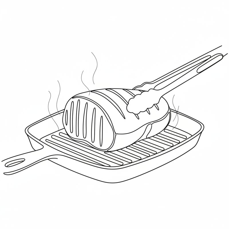 En stek bryns på en räfflad grillpanna, en tång vänder den.