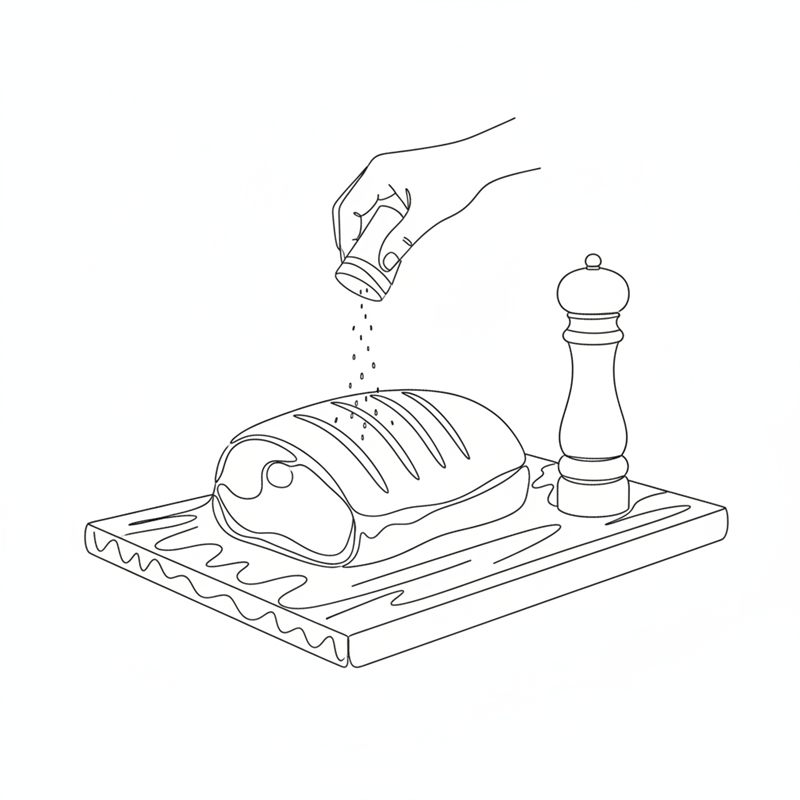 Illustration: salt strös över en ristad culottestek på en skärbräda med en pepparkvarn bredvid