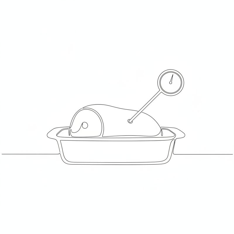 Illustration: en stektermometer med rund urtavla instucken i en stek som ligger i en ugnsform, så att spetsen hamnar mitt i köttet