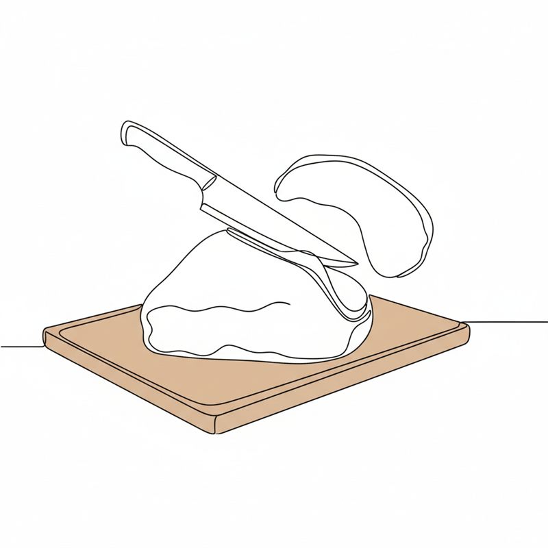 Illustration: en kniv skär bort en tjock bit överflödigt fett från en rå kalvstek på en skärbräda
