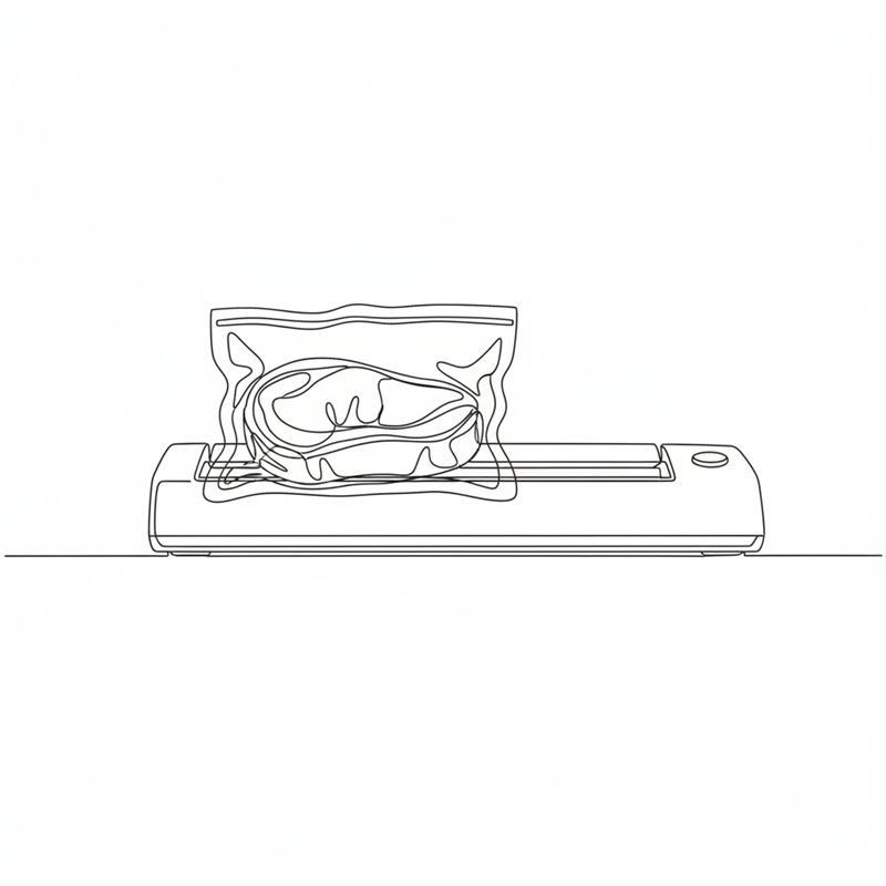 Illustration: en rå stek ligger i en öppen vakuumpåse vars öppning är nerlagd i en vakuumförpackare