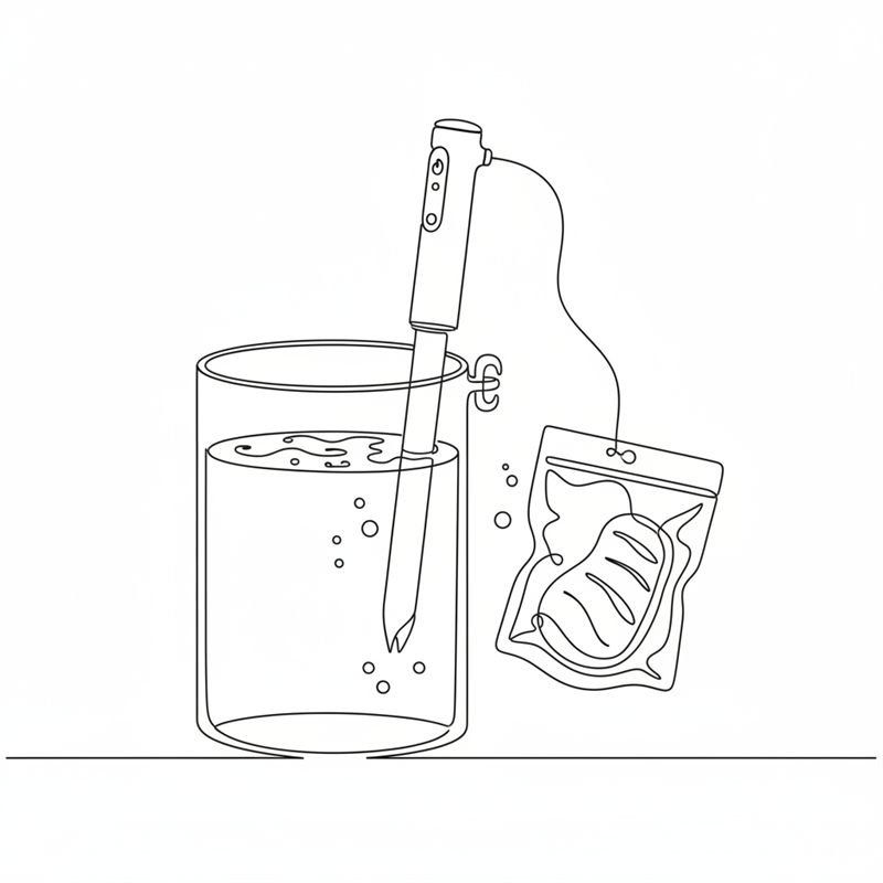 Illustration: en försluten vakuumpåse med kött hålls upp bredvid en gryta med vatten och en sous vide-stav, redo att läggas i