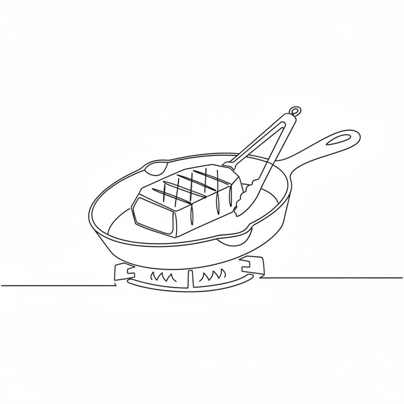 Illustration: en stek bryns i en stekpanna över öppen låga, med en grilltång lutad mot pannkanten