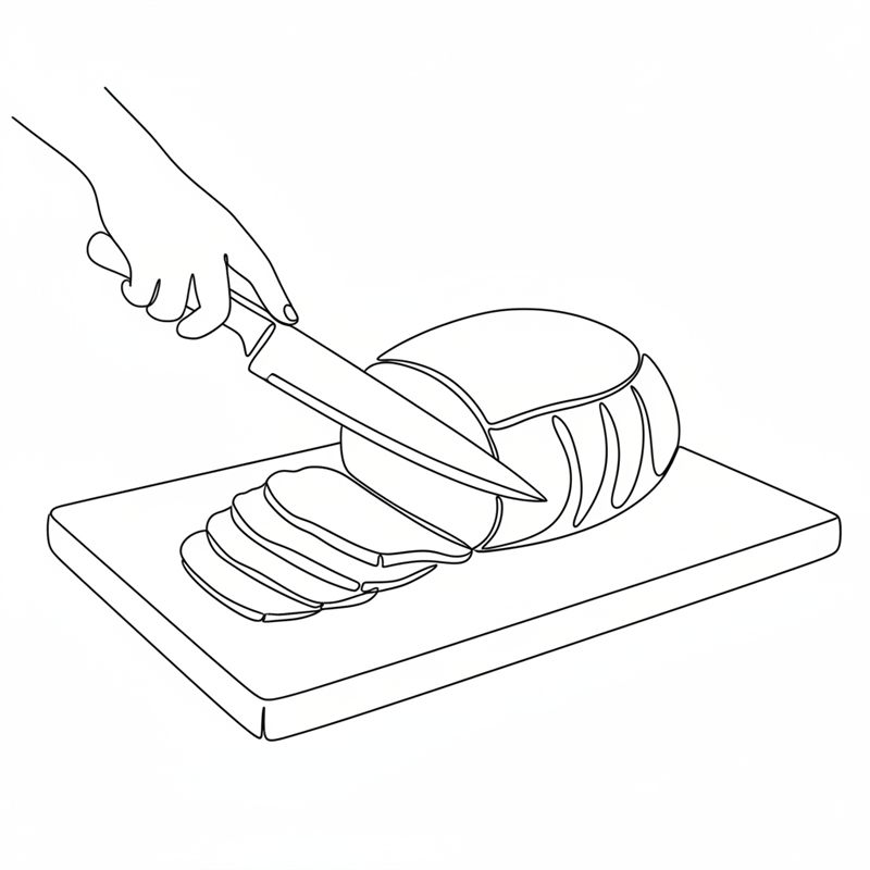 Illustration: en hand med kniv skär en färdig stek i tunna skivor på en skärbräda; de skurna skivorna ligger utlagda i solfjäder bredvid